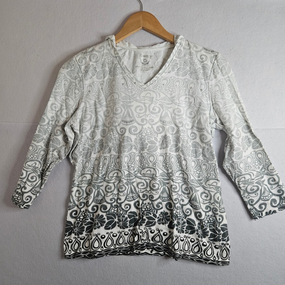 Zenergy by Chicos Hoodie Top Gray White Paisley Ombre Glitter V-Neck Size 1 M